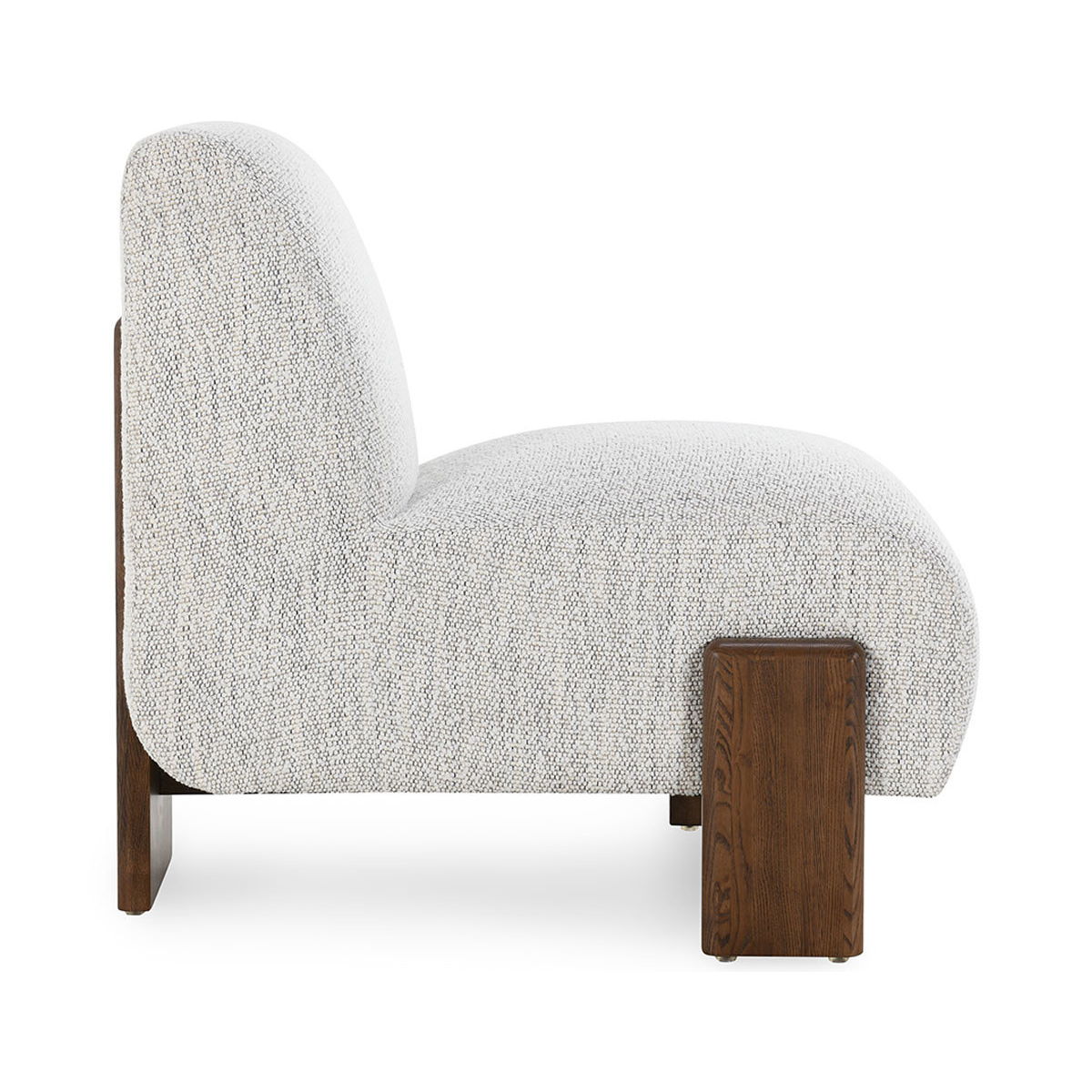 Ivory upholstered accent chair with curved arms and dark wood legs