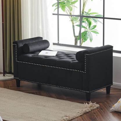 Queen Velvet Button Bedside Storage Bench With Armrests, Nailhead Trim