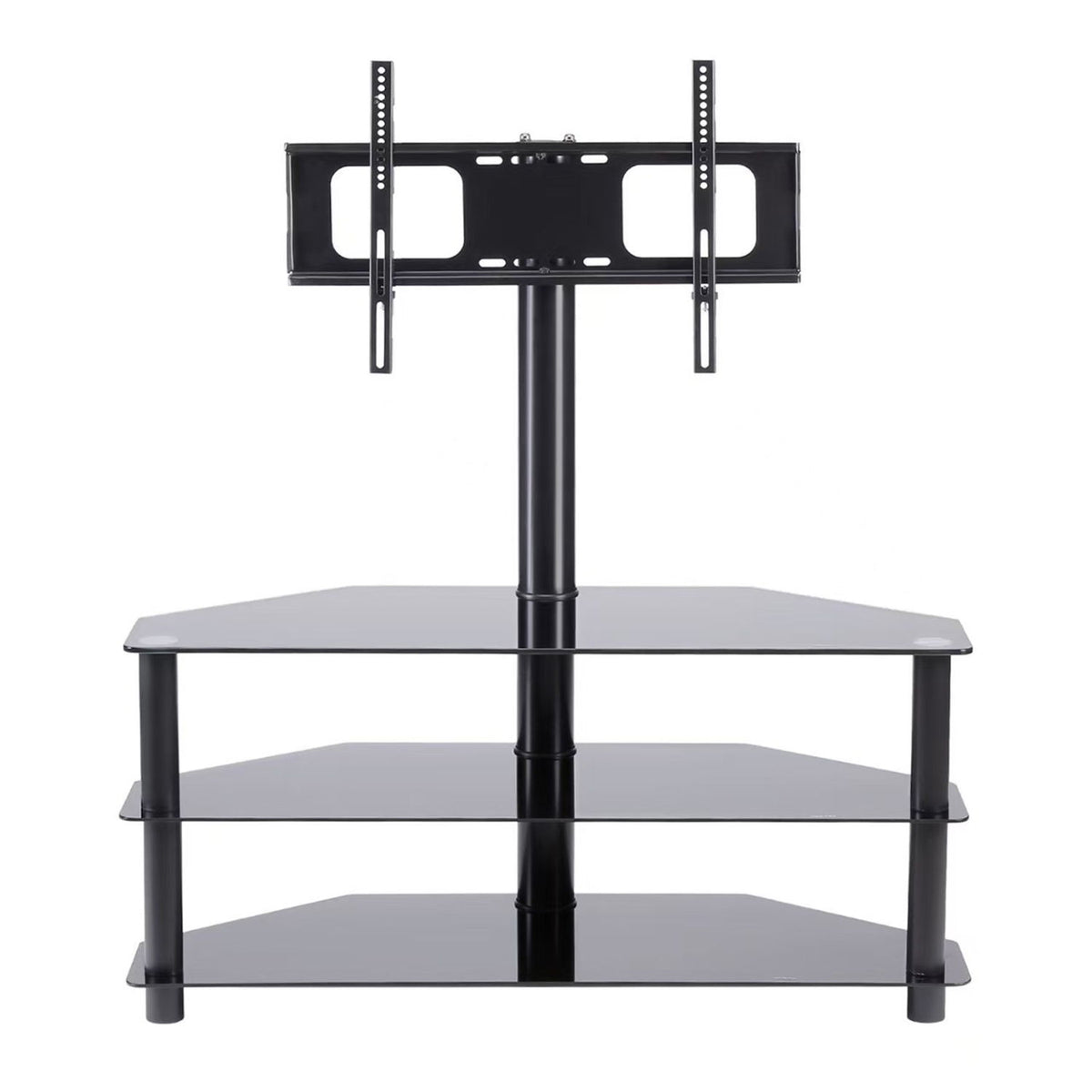 Black height-adjustable TV stand bracket with three-tier shelf and swivel column
