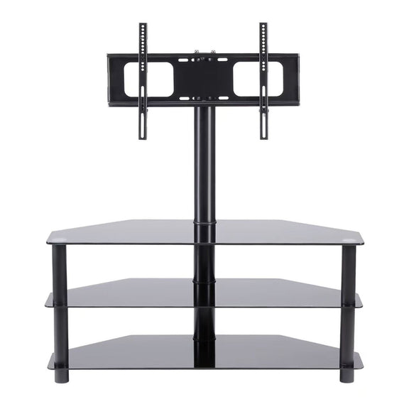 Black height-adjustable TV stand bracket with three-tier shelf and swivel column