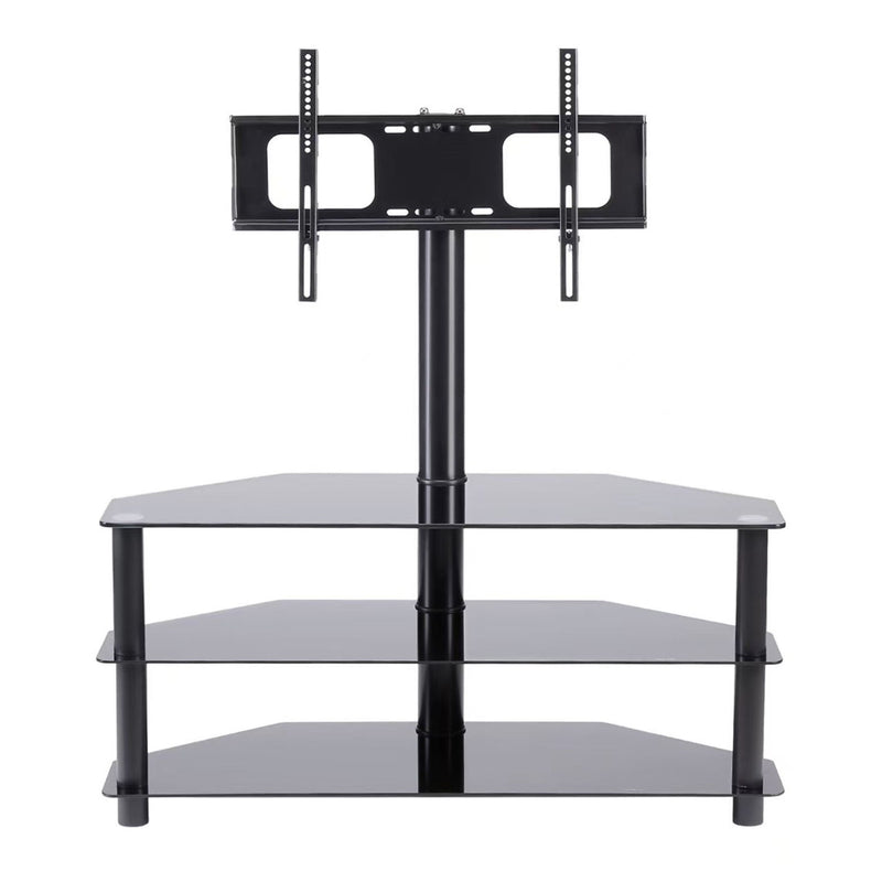 Black height-adjustable TV stand bracket with three-tier shelf and swivel column