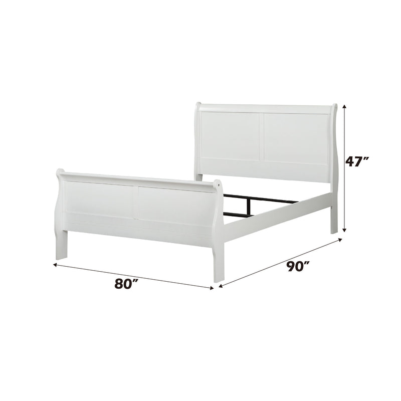 White sleigh bed frame, side view; 80" length, 47" height