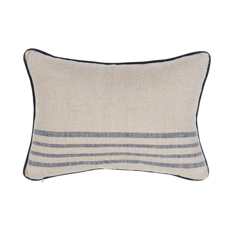 Natural linen pillow featuring a blue stripe band and dark piped trim, square.