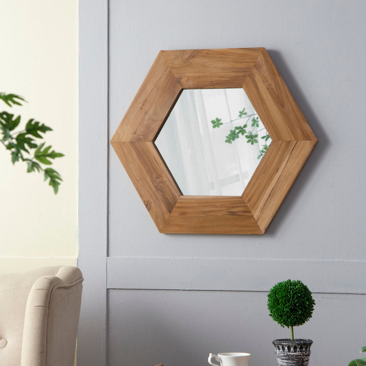 Hexagon Mirror With Natural Wood Frame, Wall Decor For Living Room Bathroom Hallway