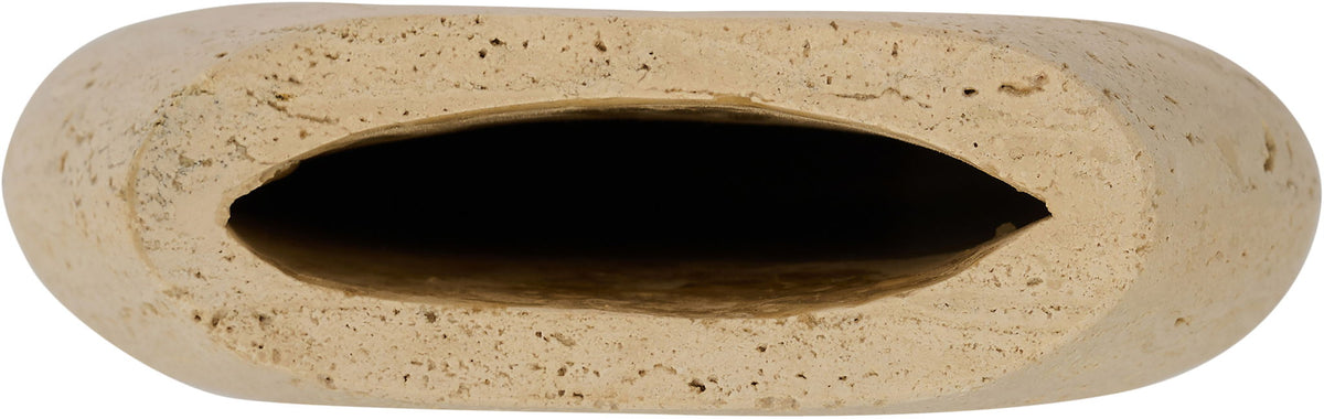 Beige travertine-style vase base view with central opening