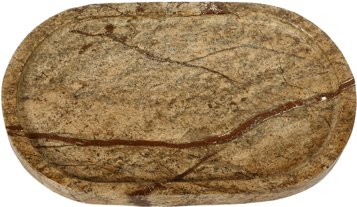 Genuine marble tray, round beige-brown stone with dark veining