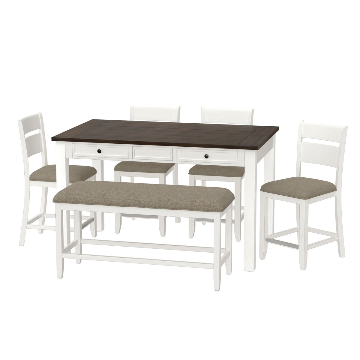Dining table with six chairs, dark tabletop and beige fabric seats, white frame