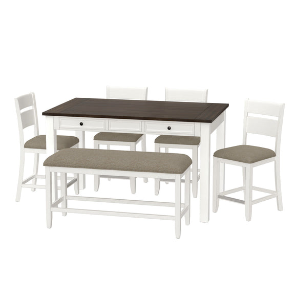 Dining table with six chairs, dark tabletop and beige fabric seats, white frame