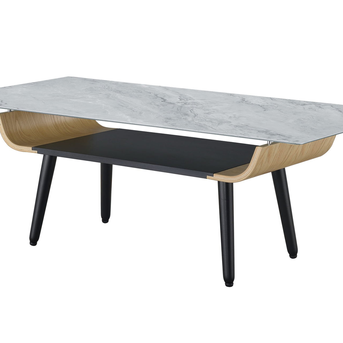 Landon - Coffee Table With Glass Marble Texture Top And Bent Wood Design
