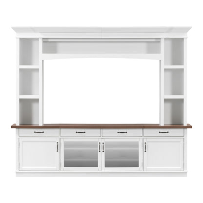White extra-long TV stand with open shelves, adjustable storage cabinets, and drawer fronts