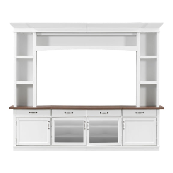 White extra-long TV stand with open shelves, adjustable storage cabinets, and drawer fronts