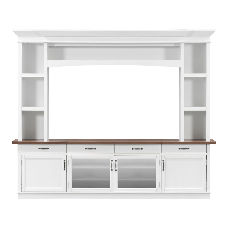 White extra-long TV stand with open shelves, adjustable storage cabinets, and drawer fronts