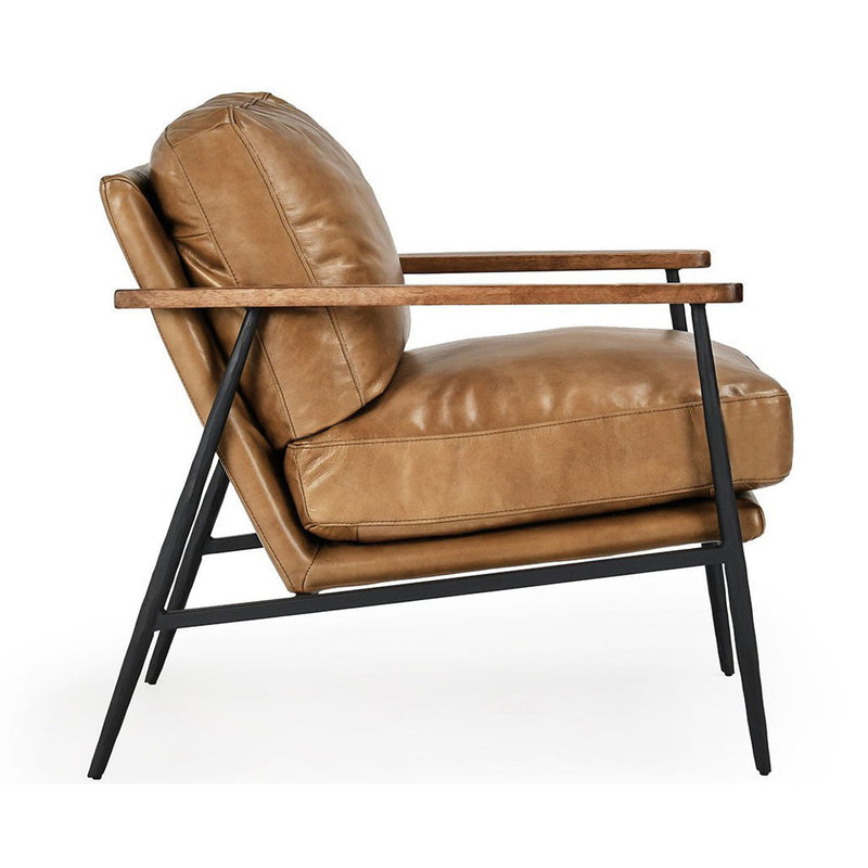 Tan leather club chair with rounded back and black metal legs