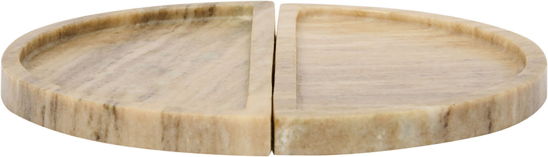Beige marble round tray with two split halves showing natural stone veining
