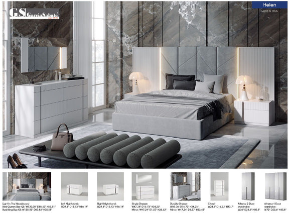 Upholstered platform bed with light grey paneled headboard and matching side panels