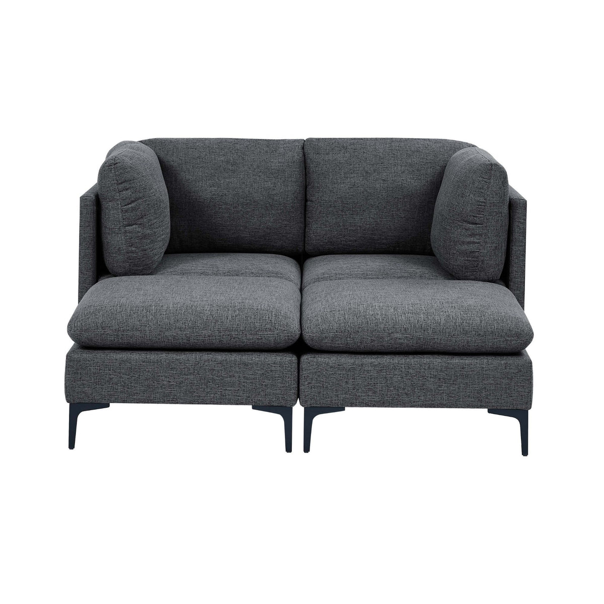 Modular sectional sofa with tall legs, upholstered in dark gray, two-seat couch with arms