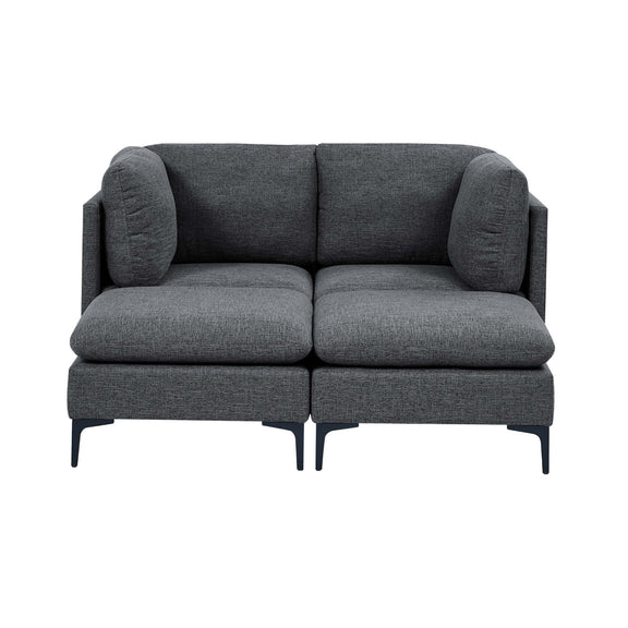 Modular sectional sofa with tall legs, upholstered in dark gray, two-seat couch with arms