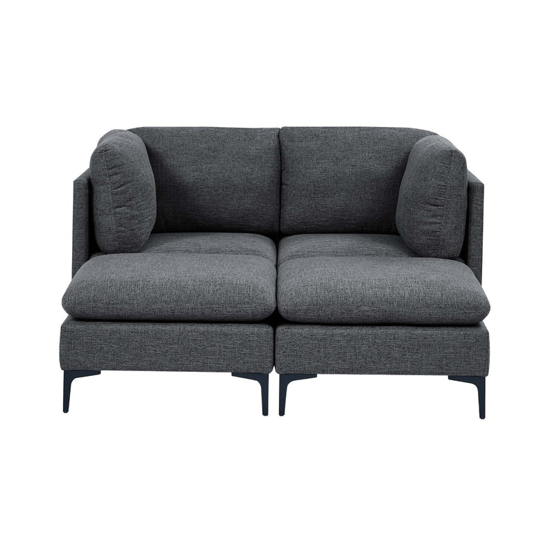 Modular sectional sofa with tall legs, upholstered in dark gray, two-seat couch with arms