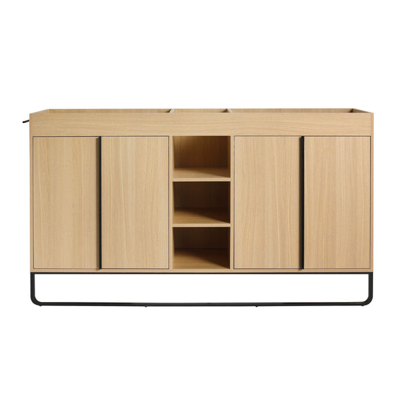 58-inch bathroom cabinet, oak finish, four doors, central open shelves, black metal frame
