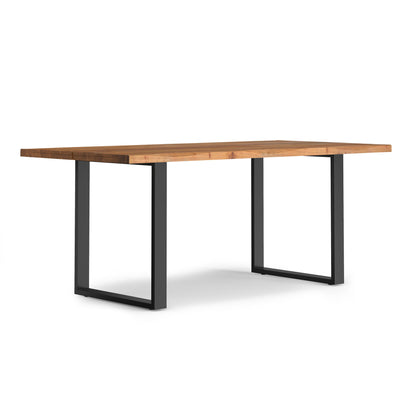 Rectangular dining table with light wood top and boxy black metal legs