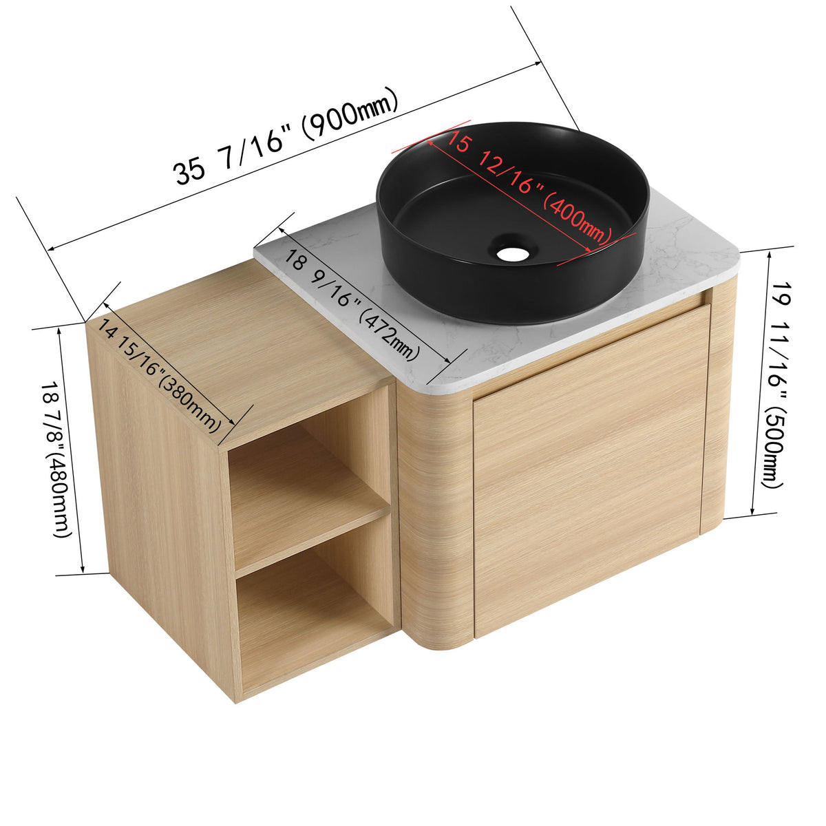 Mounted bathroom vanity with art sink; dimensions and sink cutout shown