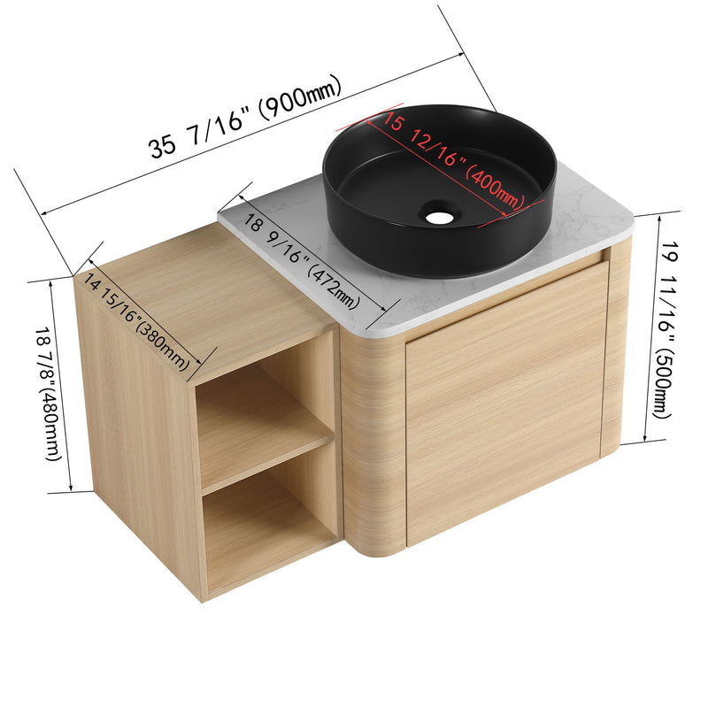 Mounted bathroom vanity with art sink; dimensions and sink cutout shown
