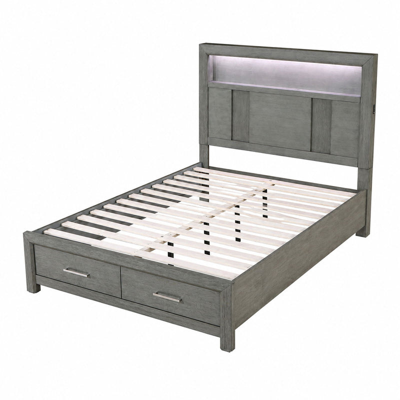 Dark gray storage bed with paneled headboard, slatted base, and drawer storage
