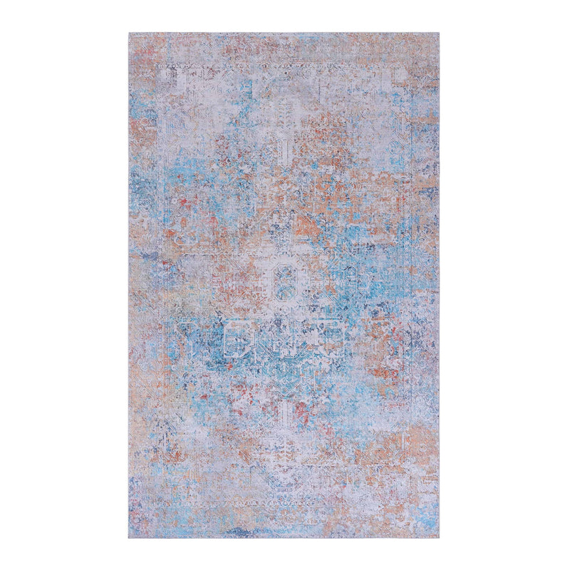Washable area rug with blue and orange faded abstract design, straight borders.