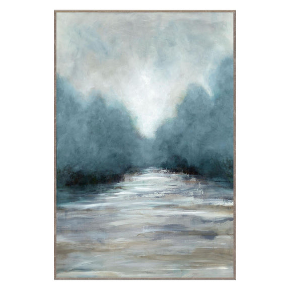 Framed abstract landscape painting with blue-gray haze over pale textured ground