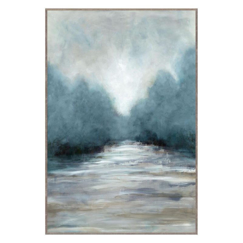 Framed abstract landscape painting with blue-gray haze over pale textured ground