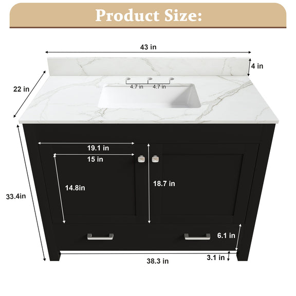 Black bathroom vanity with white countertop and integrated sink basin, dimension diagram