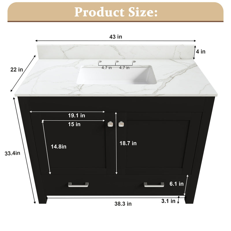 Black bathroom vanity with white countertop and integrated sink basin, dimension diagram