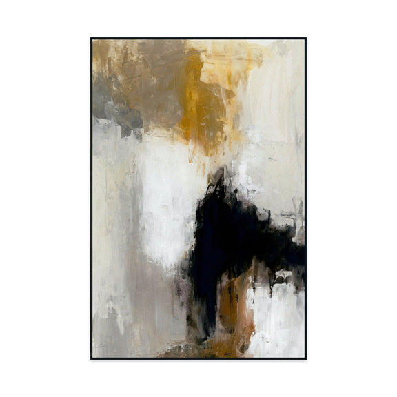 Framed abstract painting with white, gray, gold and dark accents in textured strokes