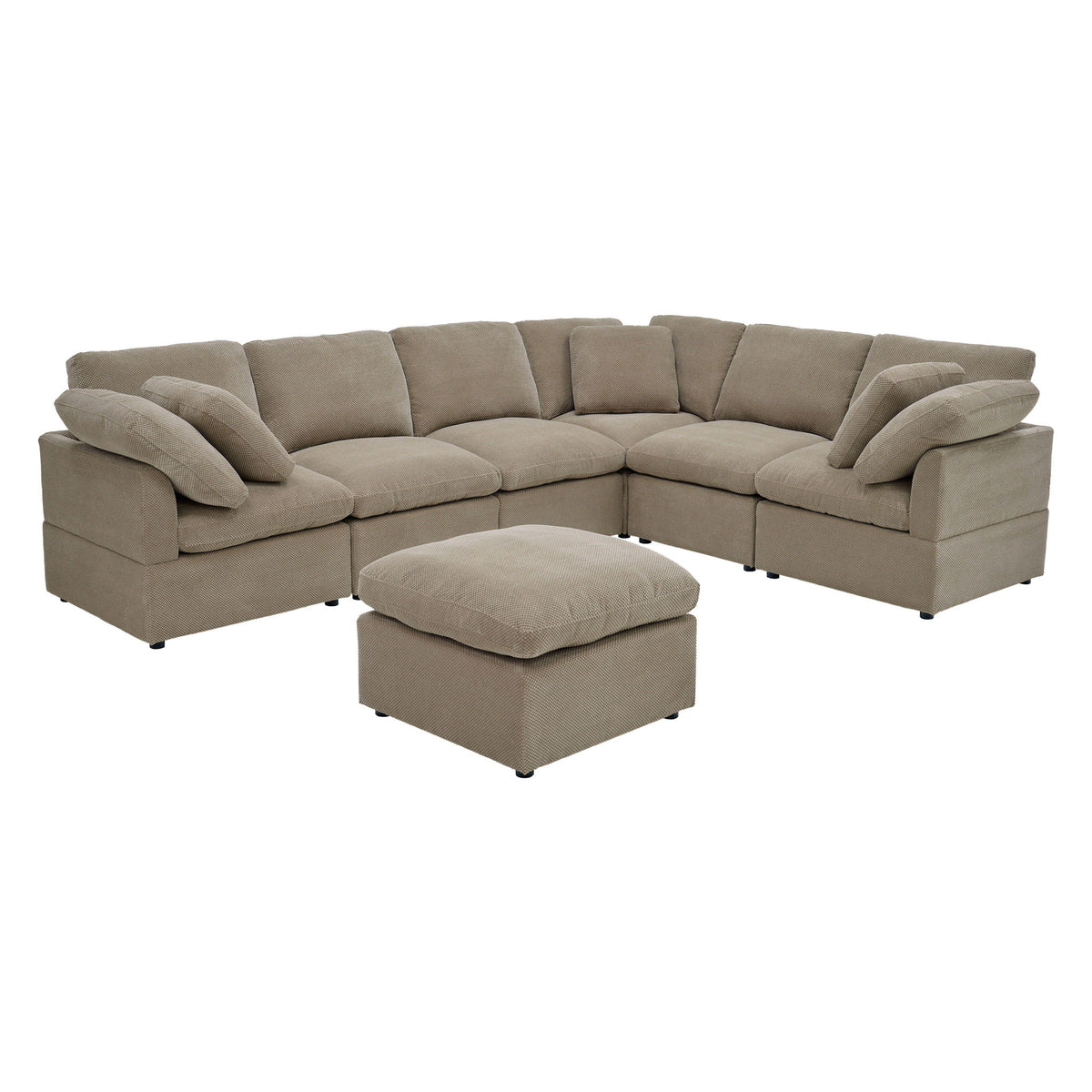Light brown U-shaped sectional sofa with a matching ottoman
