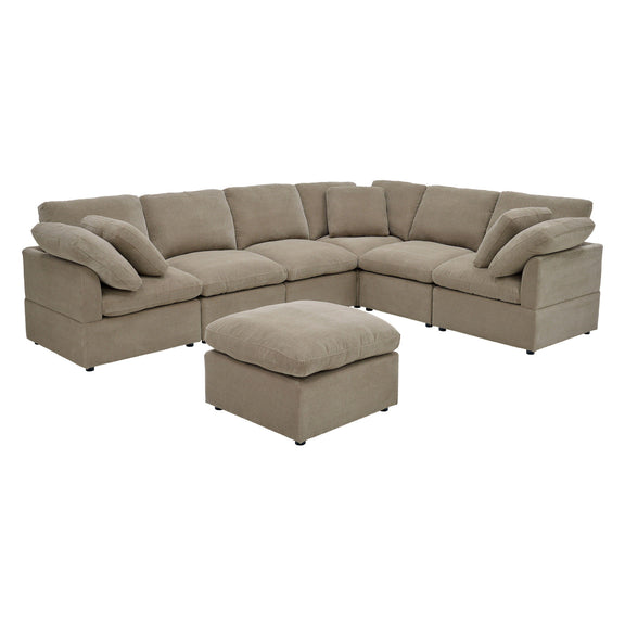 Light brown U-shaped sectional sofa with a matching ottoman