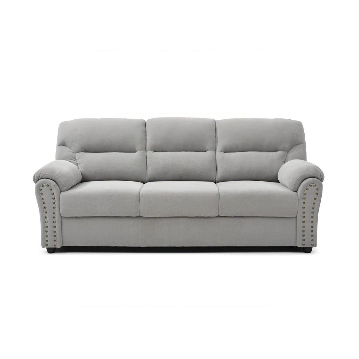 Gray sofa with nailhead trim, tufted back and cushioned arms, two-seat layout.