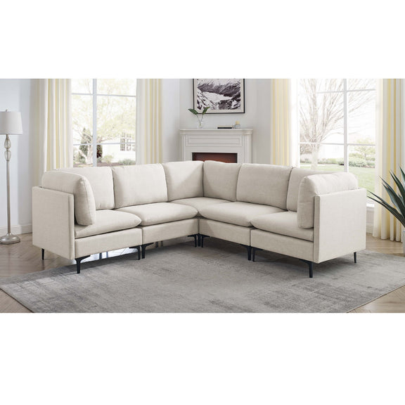 Light beige modular sectional sofa with tall legs and rounded armrests