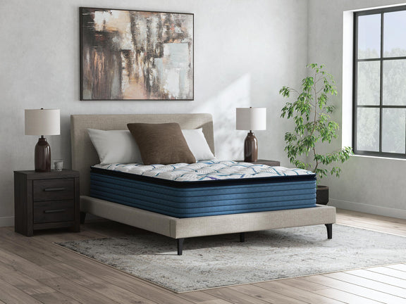 Limited edition plush PT 3.0 mattress with white cover and blue leaf pattern, teal edges
