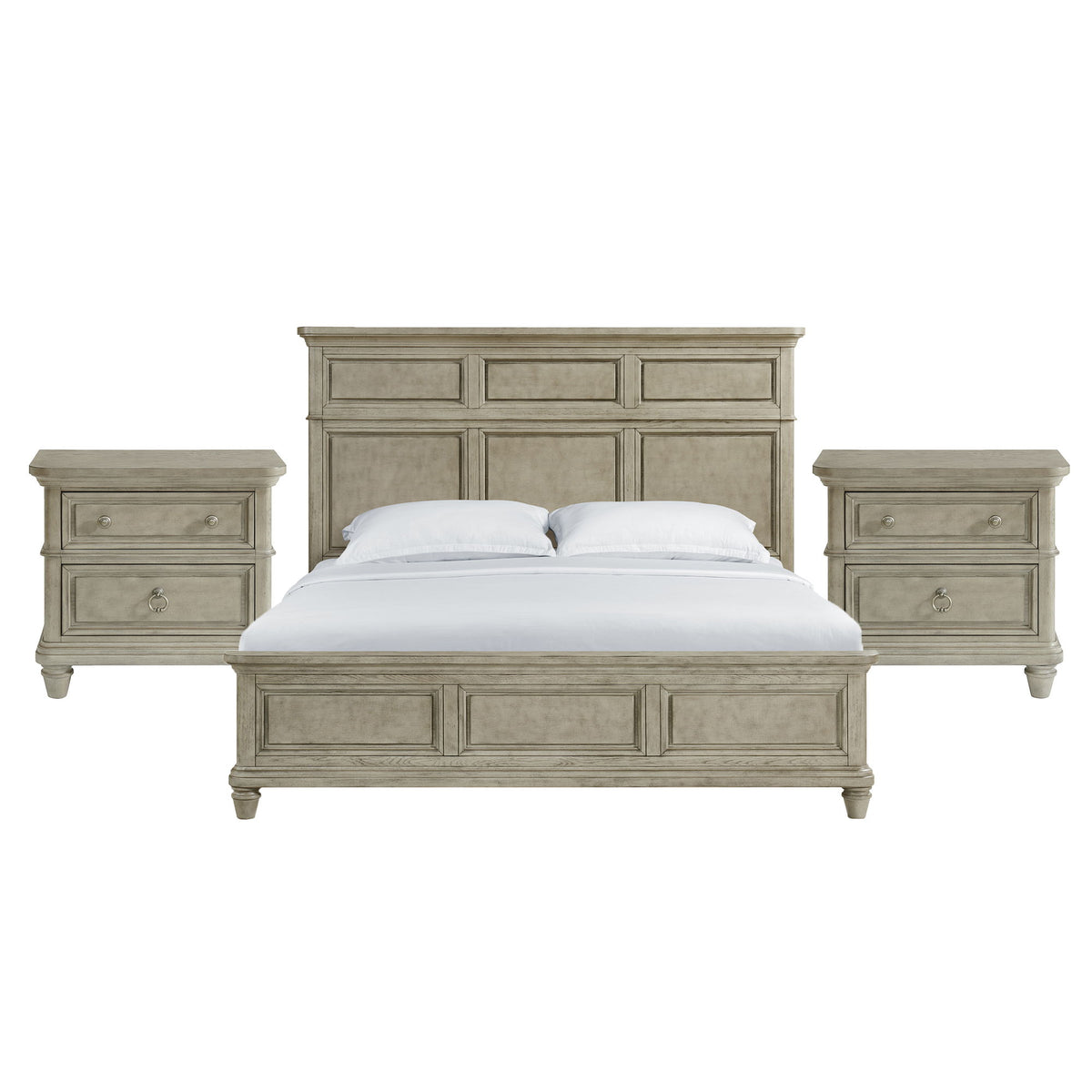 Whit-Ash panel bedroom set: light gray bed frame with two matching nightstands