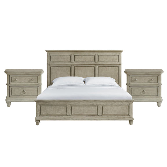Whit-Ash panel bedroom set: light gray bed frame with two matching nightstands