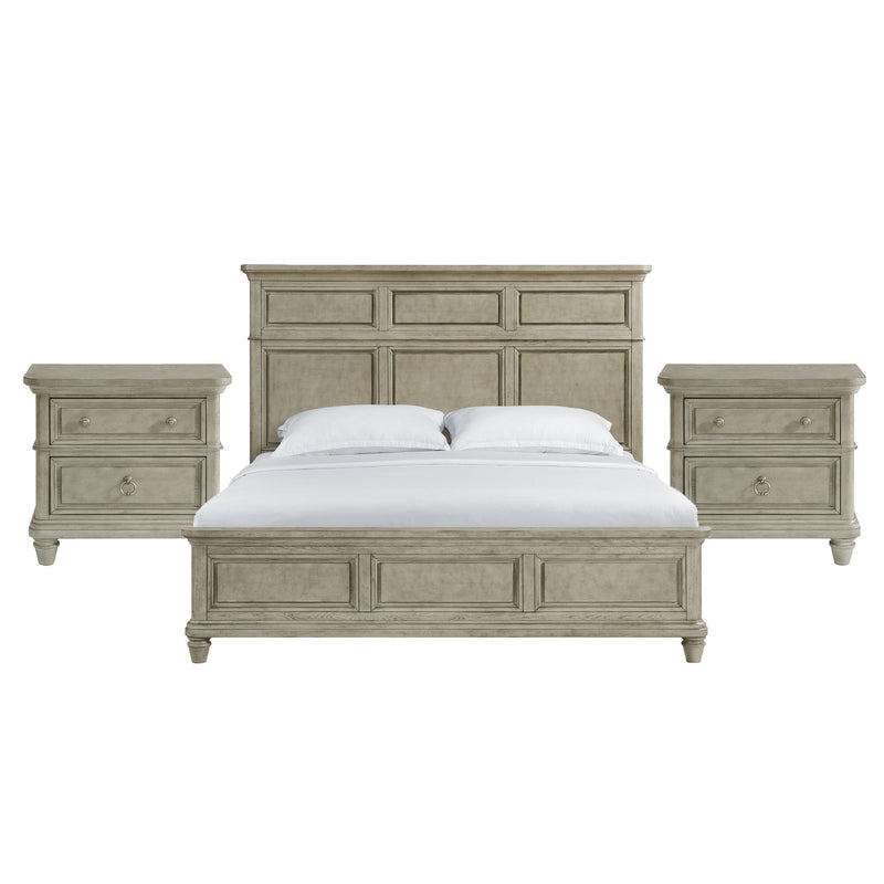 Whit-Ash panel bedroom set: light gray bed frame with two matching nightstands