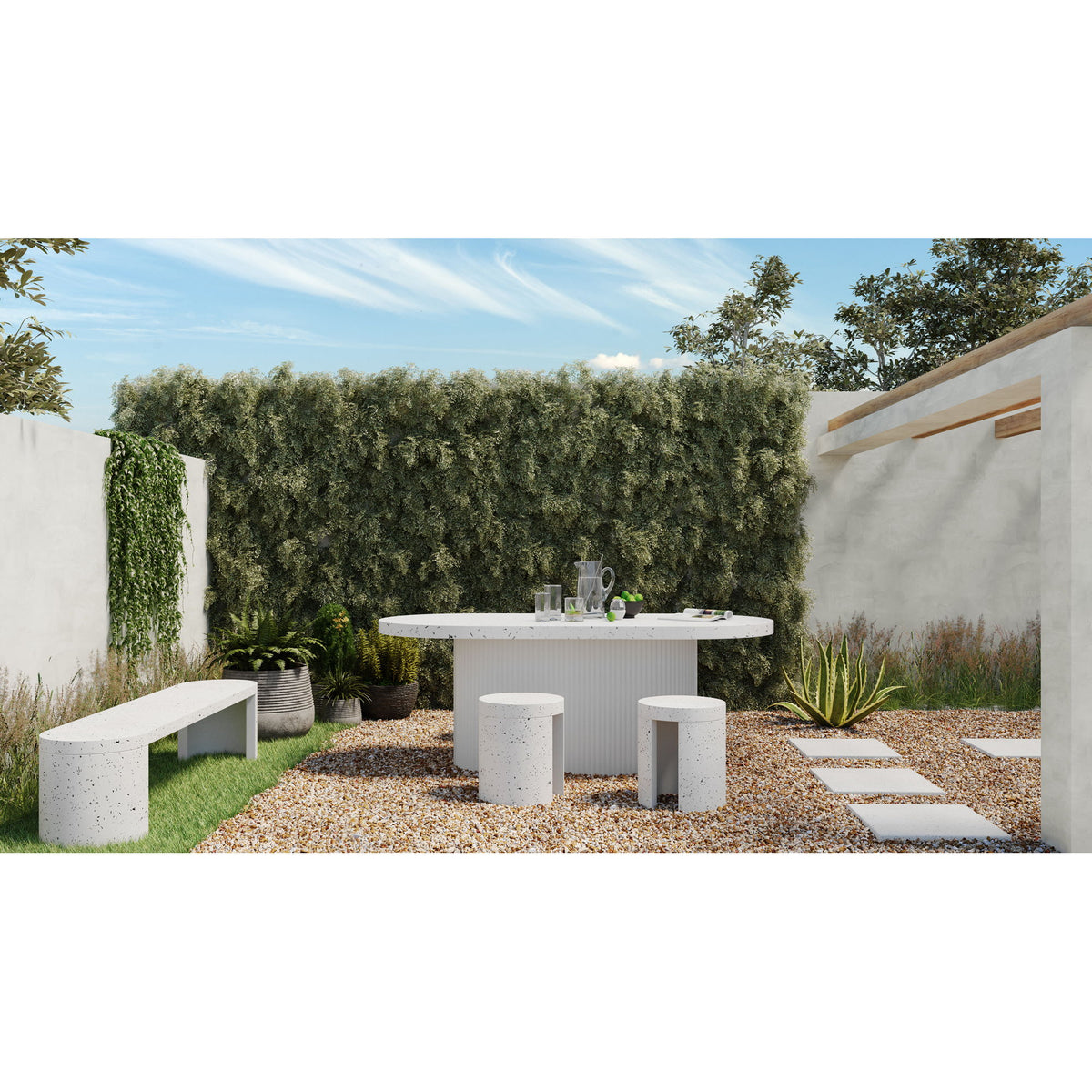 Round outdoor dining table with speckled top and ribbed pedestal base