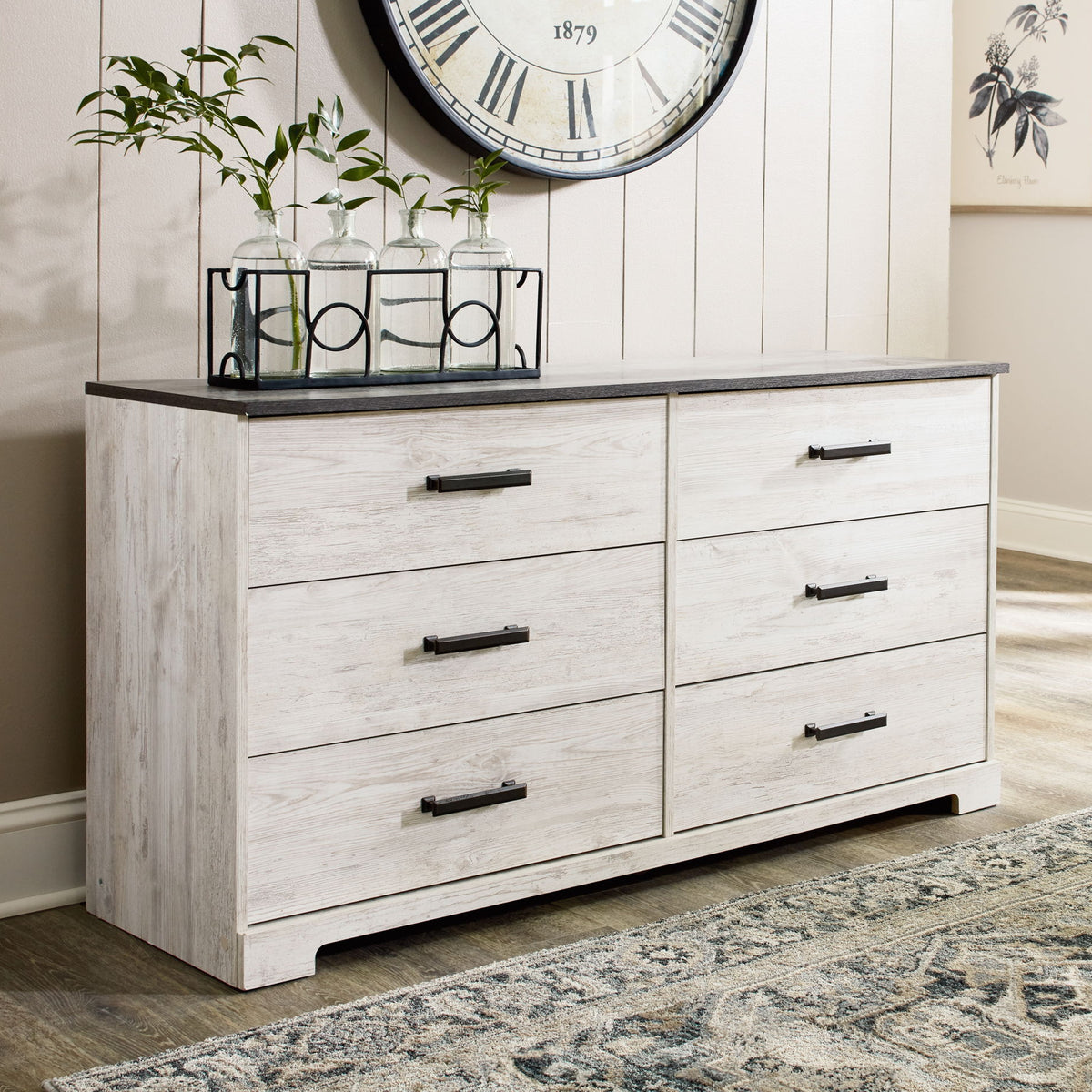 Shawburn - Six Drawer Dresser - Pewter-tone pulls - White / Black / Gray