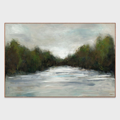 Landscape painting by Buddy Whitlock with river and dark green trees