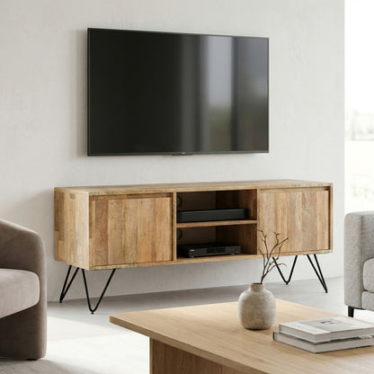 Light brown wood TV media stand with two cabinet doors and open shelf