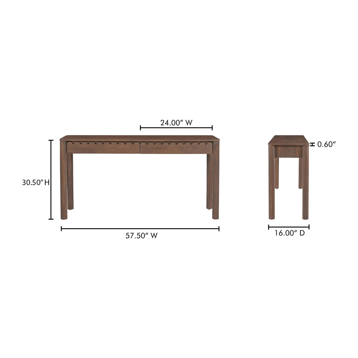 Vintage brown console table, side view with scalloped apron and tapered feet