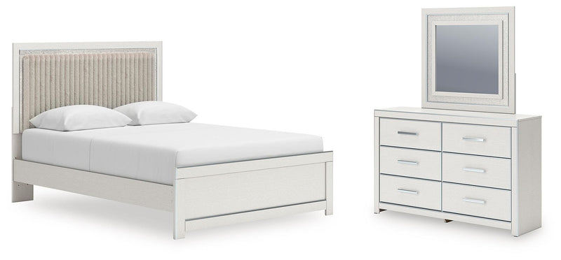 White upholstered-panel bed with headboard plus matching dresser and square framed mirror