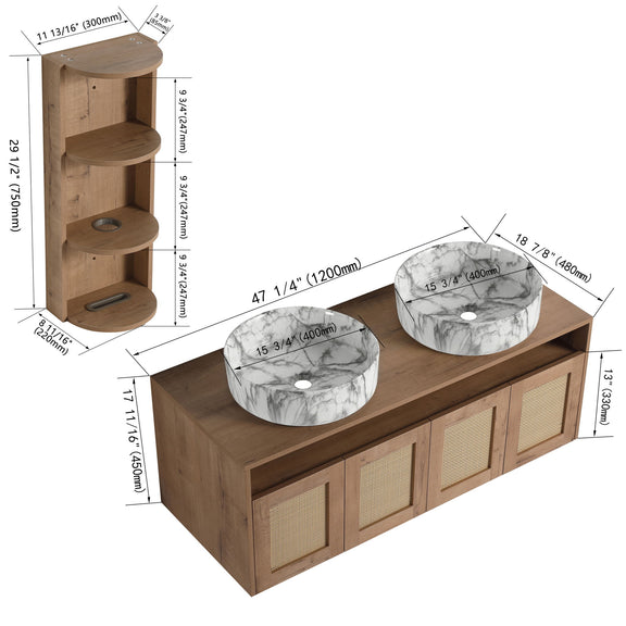 Bathroom vanity with two marble-look vessel sinks and rattan doors, plus curved storage rack.