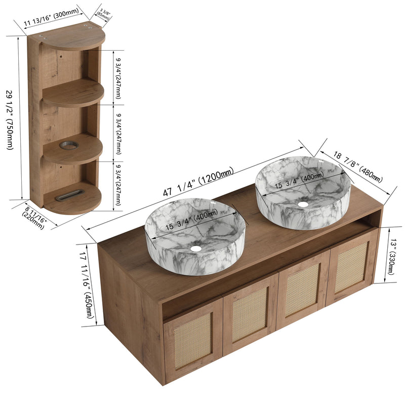 Bathroom vanity with two marble-look vessel sinks and rattan doors, plus curved storage rack.