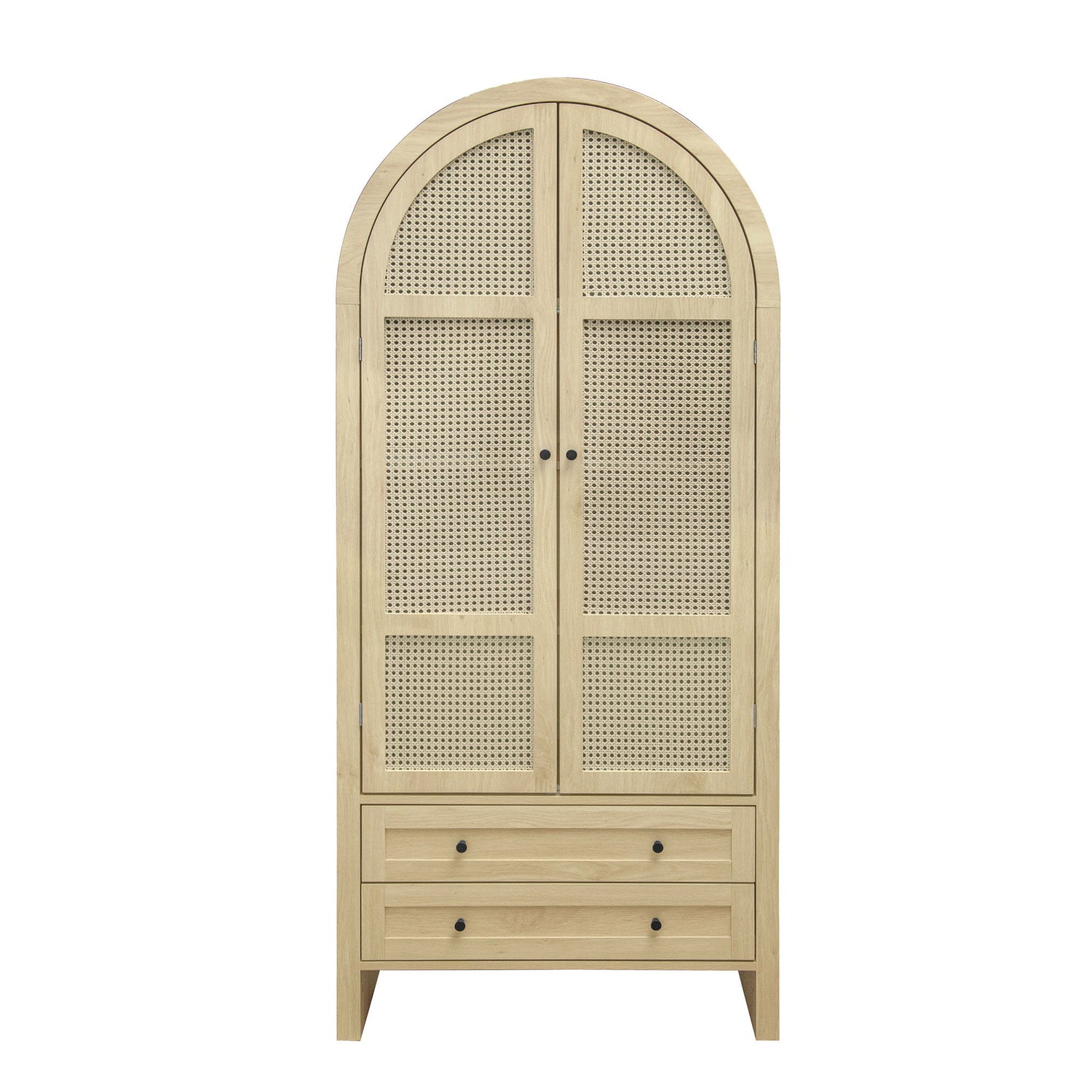 Tall Arched Kitchen Pantry, Arched Storage Display Cabinet With 2 Drawers & Adjustable Shelves, Rattan Door Versatile Storage Cabinet For Kitchen, Dining Room, Living Room - Natural
